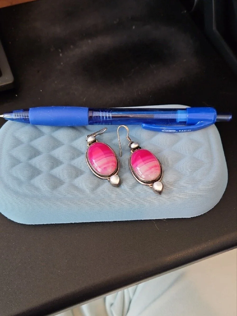 Pink Oval Stone Dangle Earrings - Silver Accent - Picture 2 of 2